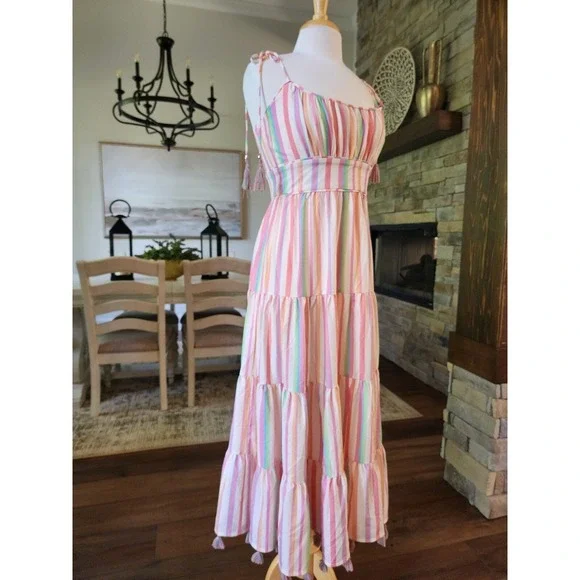 ChicWish Rainbow Pastel Striped Multicolor Maxi with Tassels Dress Boho Size M - Picture 4 of 10